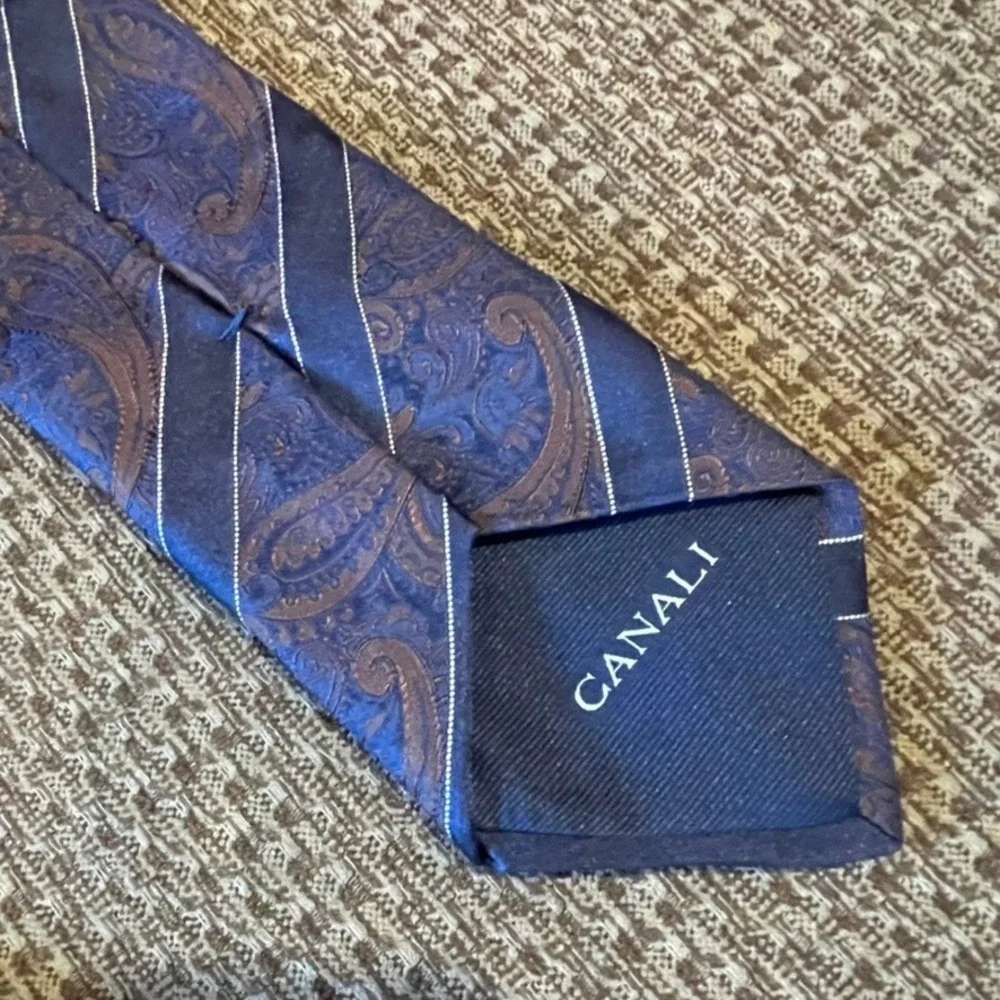 Canali Necktie Mens Navy Blue Repp Paisley Striped Silk Italy Office Wedding